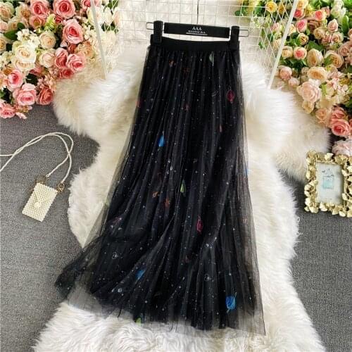 2021 New Spring Summer Women Elastic High Waist Slim Long Skirt Cute Cartoon Universe Print Mesh Pleated Skirt