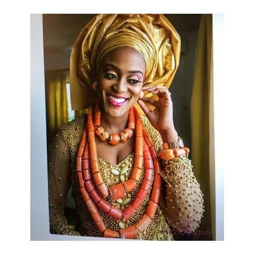 New Luxury 4 Layers Real Nigerian Coral Beads Jewelry Set Big Coral Bead Heavy Bold Statement Bridal Necklace Set ABH822