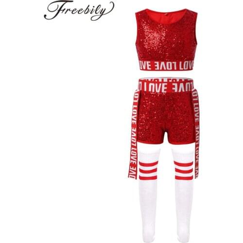 Girls Hip Hop Jazz Dance Costume Kids Street Dance Clothes Shiny Sequins Tank Crop Top Shorts Stocking Set Cheerleader Uniform