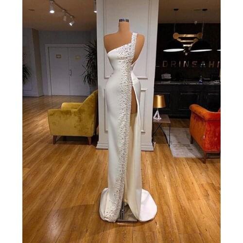 White One Shoulder Prom Dresses High Slit Satin Sexy Special Occasion Women Dress Plus Size Pageant Gowns