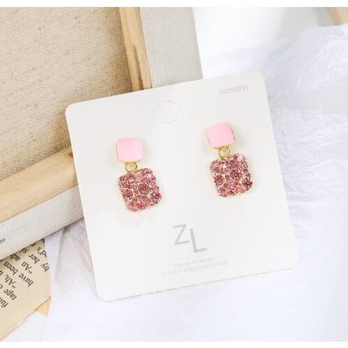 Popular Girl Earrings Korean Version Of Crystal Drip Glaze Pink Black White Square Love Crystal New Net Red Temperament Earrings