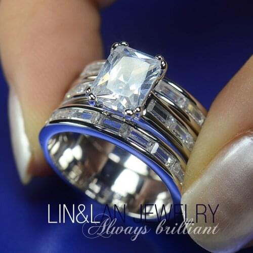 Size 5/6/7/8/9/10 Unique Women Fashion Jewelry Drop 10KT White Gold Filled Princess AAA CZ Zirconia 3 in 1 Wedding Couples Ring