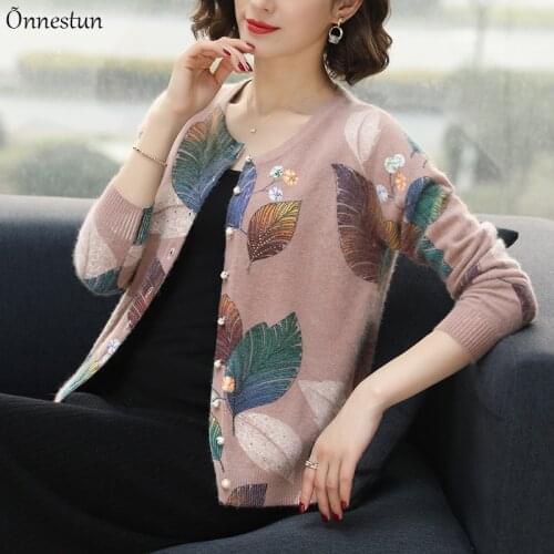 Plus Size Sweater Women New Autumn Casual Leaf Print Sweater Cardigan High Quality O Neck Knitwear Single-breasted Cardigans