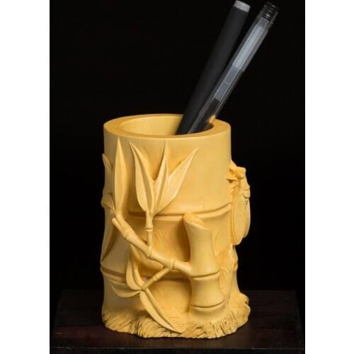 Boxwood 10cm Bamboo Pen Holder Sculpture Wood Carving Chinese Study Statue Home Decor