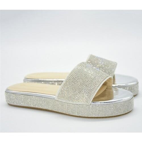 Silver African Casual Shoes Medium Heel Slippers With Rhinestones 222-4 Heel Height 3CM