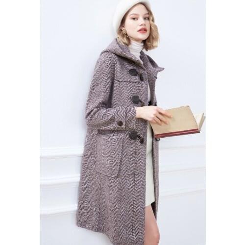 Shadow Poem 2021 Autumn New Style College Wind Ox Horn Button Double Faced Wool Coat Hooded Coat