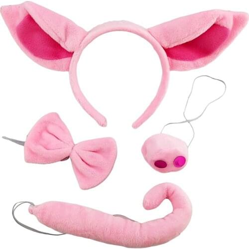Pig Ears Headbands Cute Fancy Dress Set Pig Headband Tail Nose Bow Tie Set Party Cute Hair Hoop Gifts Animal Hair Accessories