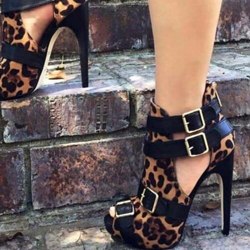 Sexy Leopard Open Toe High Heel Shoes Black Leather Buckle Strap Cage Shoes Thin Heels Patchwork Night Club Footwear