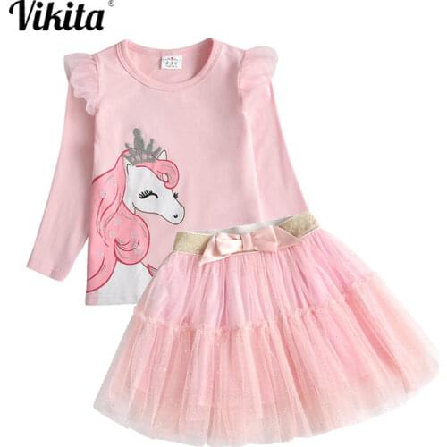 VIKITA Children Clothing for Autumn Spring Girls Unicorn Cotton T Shirt Long Sleeve and Sequins Mini Tulle Skirts Girls Clothing