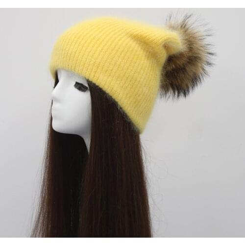 High Quality Angora Beanie Winter Unisex Raccoon Fur Pom Pom Hat Women Rabbit Cashmere Hat