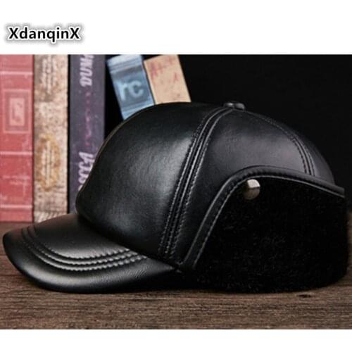 XdanqinX Winter Warm Mens Earmuffs Cap Genuine Leather Hat Thick Thermal Baseball Caps Sheepskin Leather Middle-aged Winter Hat