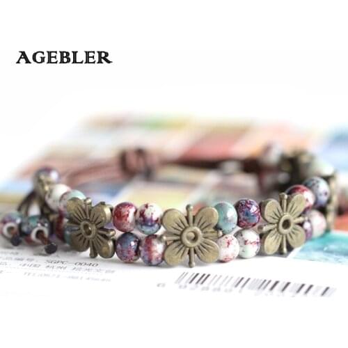 2018 Flower bracelets & bangles New Design Bohemia Style Red Blue Ceramic Bracelet for Women Double Layer Jewelry Adjustable