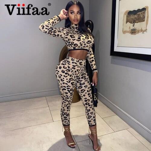 Viifaa Leopard Print Matching Sets for Women Crop T-Shirt and Skinny Pants Two Piece Set Autumn Clothes Club Outfits