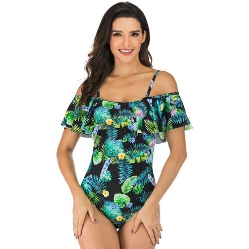 Spaghetti-Strap Floral Print Swimwear Womens Open Triangle Flounced One-Piece Swimsuit