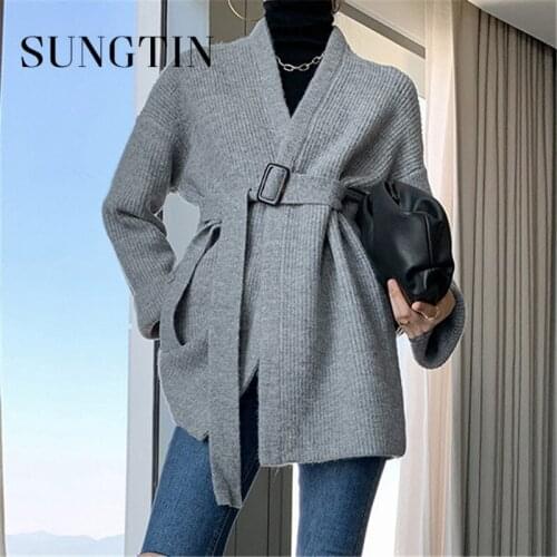 Sungtin Korean Oversized Sashes Knit Cardigan Women Vintage Casual Loose Knitted Sweater Femme Top Gentle Coat Women Autumn 2021