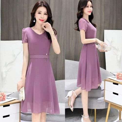 4 Colors Summer Elegant Blue Wine Red Black Purple Mid-length Korean Style V-neck Women Chiffon Plus Size Fashion Dress