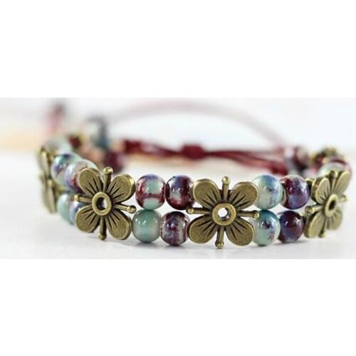 12 Pieces/Lot Multiplelayers Charm Bracelet Ceramic Beads Flower Bangles Women Jewelry Rope Link Chain Wristband Bohemia Jewelry