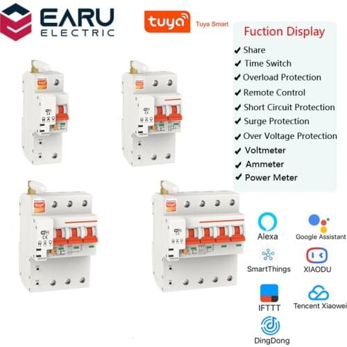TUYA 1-4P 10-100A 220V Smart WIFI Circuit Breaker Switch Power Energy Consumption kWh Meter Voltmeter Ammeter Voltage Monitor