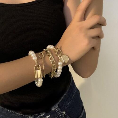 Simple Fashion Pearl Personality Multi-layer OT Buckle Lock Bracelet Set for Women Chunky Bracelet Bangles Couples Boho Jewelry