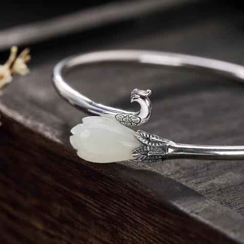 Original S925 Sterling Silver Antique Hetian Jade White Jade Magnolia Ancient Style Fresh Phoenix Female Open-End Bangle