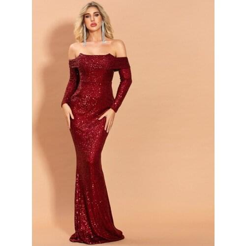 BE HYGGE Red Party Dress Sexy Fashion One-Shoulder Tube Top Long Sleeve Sequin Party Dress