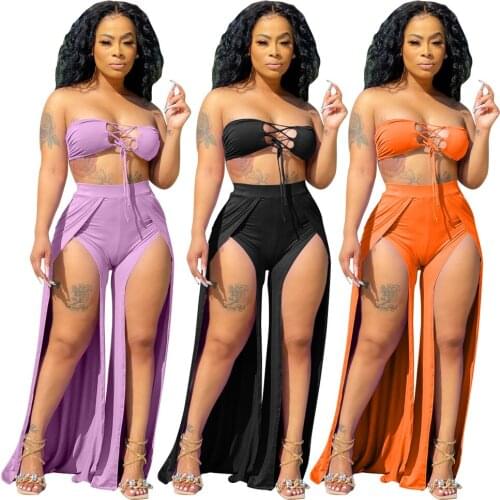 Chiclover Summer Two Piece Set Women Wholesale Items Sexy Nightclub Lace Up Corset and Slit Trouser Pants Sets Dropshipping