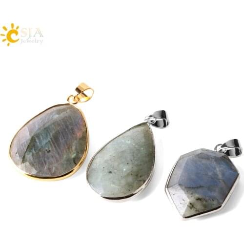 CSJA Spectrolite Labradorite Water Drop Triangle Necklaces Pendants Natural Moon Stone Gold-Color Chain Multicolor Jewelry E388