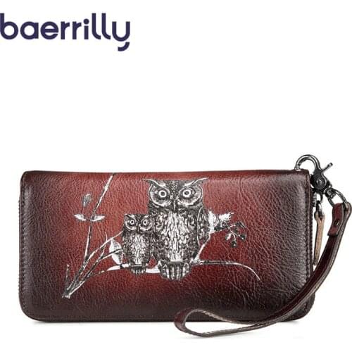 Retro Genuine Leather Long Womens Wallets Clutch Bags Women Wallets With Phone Case Owl Pattern Coin Purse Girl Rfid Card Holder