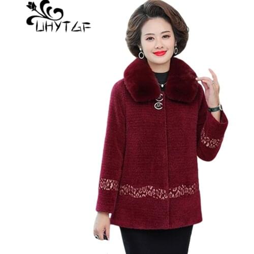 UHYTGF Womens Autumn Winter Jacket Fur Collar Quality Mink Fleece Short Woolen Coat Thick Warm Mother 5XL Plus Size Outwear 1348