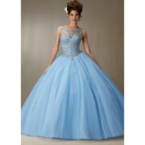 Top Seller Girls Party Gowns open Back Ball Gown Sleevleess Crystals Beading Floor Length Light Blue Quinceanera Dresses