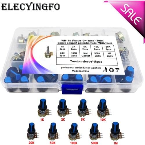 9values x2pcs single couplet Linear Potentiometer 15mm Shaft With Nuts 3pin WH148 B1K B2K B5K B10K B20K B50K B100K B500K B1M box