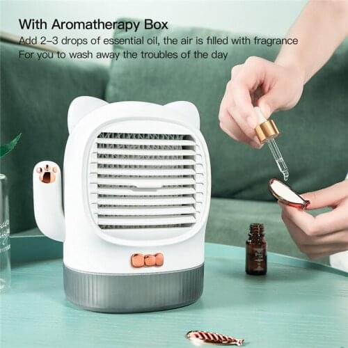 Mini Air Cooler Aroma Diffuser Lucky Cat USB Rechargeable Water-Cooled Air Conditioning Fan with 3 gears adjustment Warm light