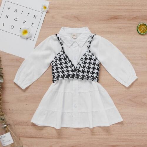 Fashion Kids Baby Girl Clothes Sets Autumn Long Lantern Sleeves White Shirt Dress+Plaids Straps Waistcoat for Girls 0-5Years