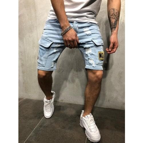 2021 Summer Fashion Ripped Embroidery Mens Stretch Short Jeans High Quality Elastic Denim Shorts Multi-Pocket Cargo Jean Shorts