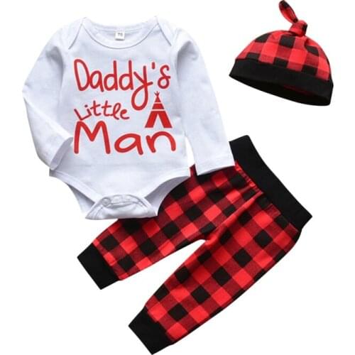 Autumn Cute Baby Girls Boys Instagramable Outfits Set Long Sleeve Neck Letter Print Romper Plaid Pants Hat Set Kids Clothing