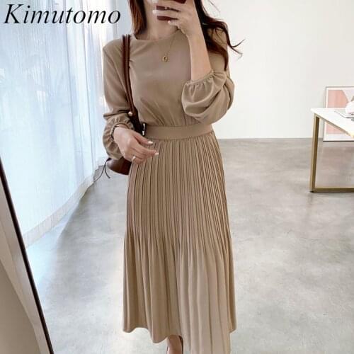 Kimutomo French Elegant Dress Women Round Neck Long-sleeved Slim Bandage Casual Solid Pleated Dresses Female Korean Chic