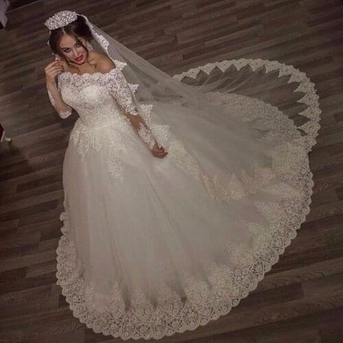 Robes de mariee 2020 Boat Neck princesse Lace applique Wedding Dresses Ball Gown Long sleeve bride Dress with veil
