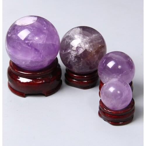 1PC 20-50mm Natural Amethysts Crystal Ball Wooden Base Sphere Stand Gemstones Quartz Globe Pedestal Healing Fengshui Home decor