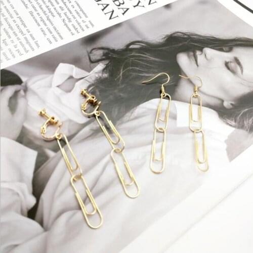 Korea Style Simple Fashion Paperclip Clip on Earrings Without Piercing for Women Party Luxury Double Pin Pierced Earrings Gift