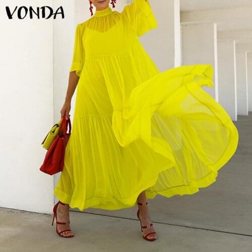 VONDA Summer See Through Dress 2021 Women Sexy Short Sleeve High Neck Lace Evening Party Dress And Slip Dress Two-piece Robe