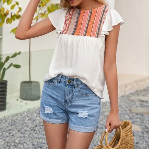 Ethnic Style Print Patchwokr O Neck Ruffles Elegant Short Sleeve Tops 2021 Summer Women Fashion Clothes Casual Tees Femme Tshirt