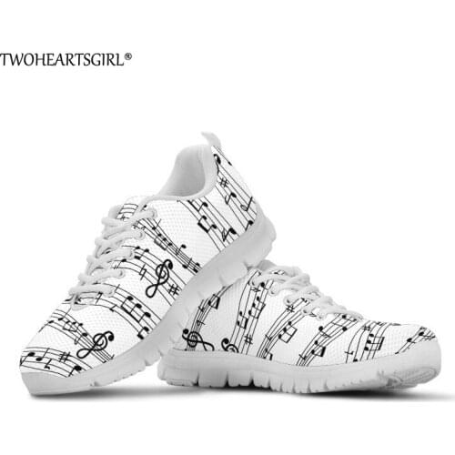 Twoheartsgirl Women Flat Shoes White Music Notes Sneakers for Women Breathable Female Ladies Summer Mesh Shoes Flats Plus Size