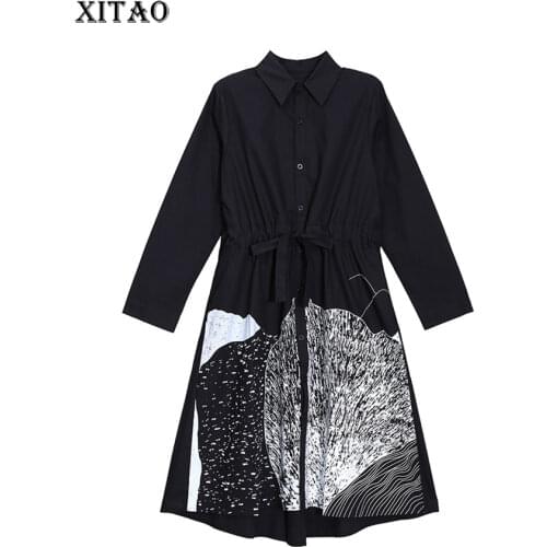 XITAO Belt Print Pattern Dress 2021 Autumn New Casual Loose Fashion Single-breasted Long Sleeve Mid-length Dress WLD2289