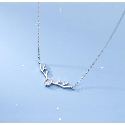 925 Real Sterling Silver Zircon Elk Deer Antlers Pendant Necklaces for Women Simple Animal Clavicle Chain Necklace Jewelry