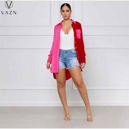 VAZN 2021 Autumn Casual Patchwork X-Long Chiffon Shirts Young Overalls Daily Casual Full Sleeve Women Slim Shirts