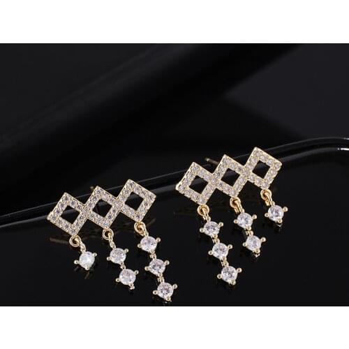 Gojomem Korean Gold-plated Diamond Shape Full Zircon Tassel Pendant Elegant Earrings Wedding Engagement Popular Fashion Jewelry