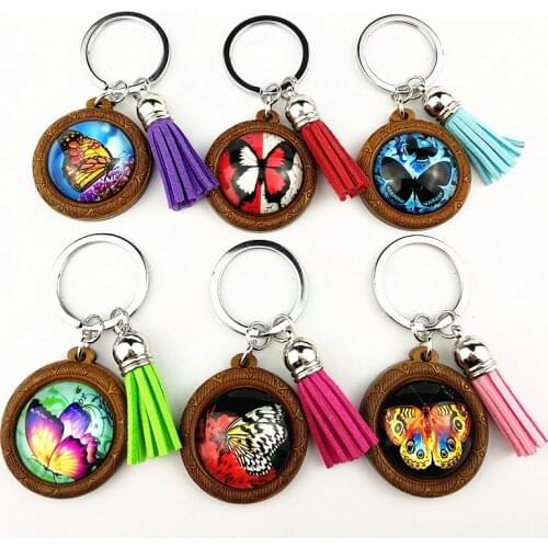Jiangzimei24pcs India retro, Bohemia butterfly Keyring 25mm Wood Cabochon Stainless Steel Keychain with tassels glass Cabochon