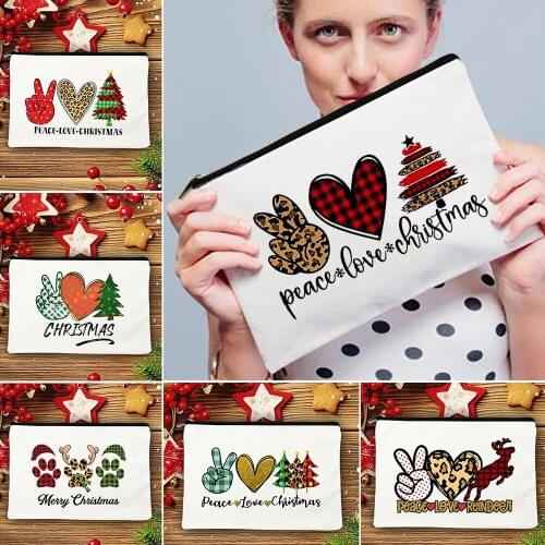 Peace Love Christmas Print Makeup Bags Cartoon Christmas Tree High Capacity Toiletries Organizer Cosmetic Bag New Year Gifts