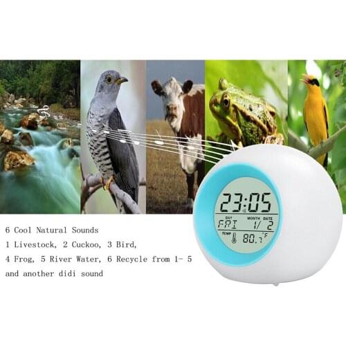 Creative 7 colorful backlight round childrens alarm clock Calendar frontal ball alarm Natural sound decoration