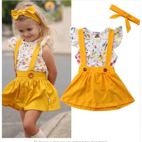 Girls short sleeve printing jacket yellow braces skirt three-piece suit